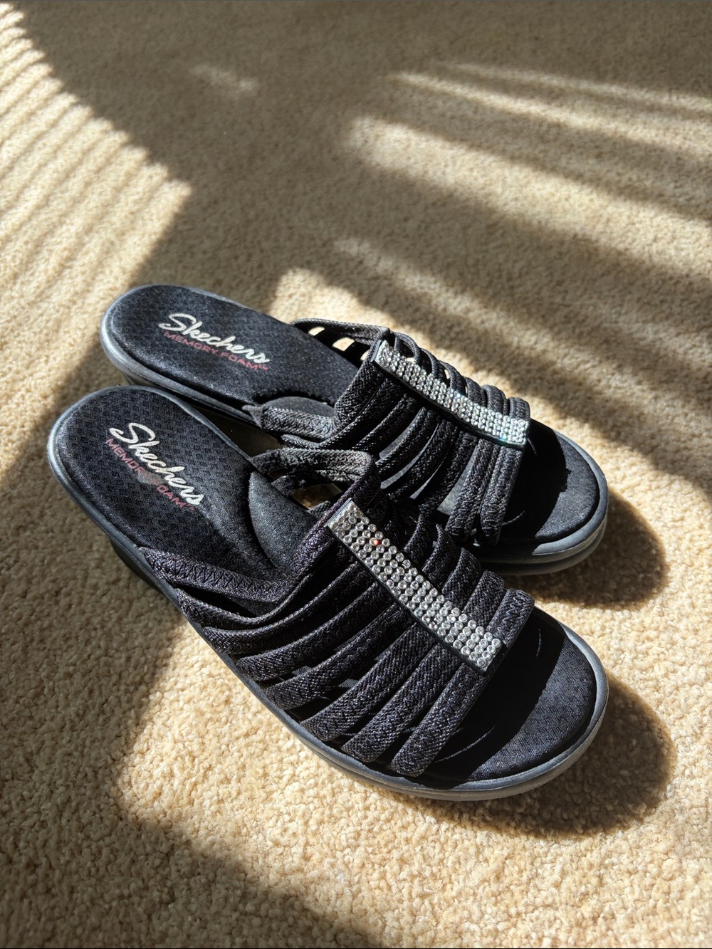 Skechers Black Slip-On Mules with Rhinestone Strap